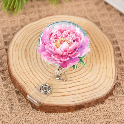 Pink Peony Badge Reel, Floral Retractable ID Holder, Elegant Name Tag Clip for Nurses, Teachers, Office Gift, Spring Botanical Charm