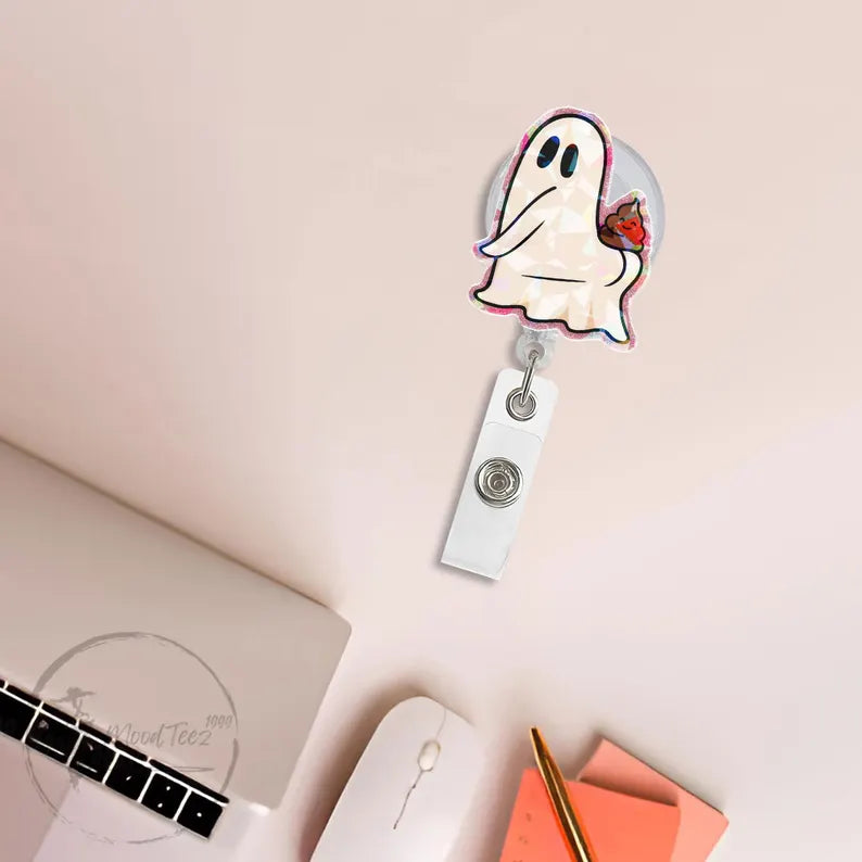 Funny Ghost Poop Badge Reel, Holographic ID Holder for Nurses & Teachers, Cute Halloween Badge Clip, Spooky Humorous Gift Idea