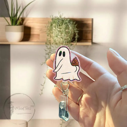 Funny Ghost Poop Badge Reel, Holographic ID Holder for Nurses & Teachers, Cute Halloween Badge Clip, Spooky Humorous Gift Idea