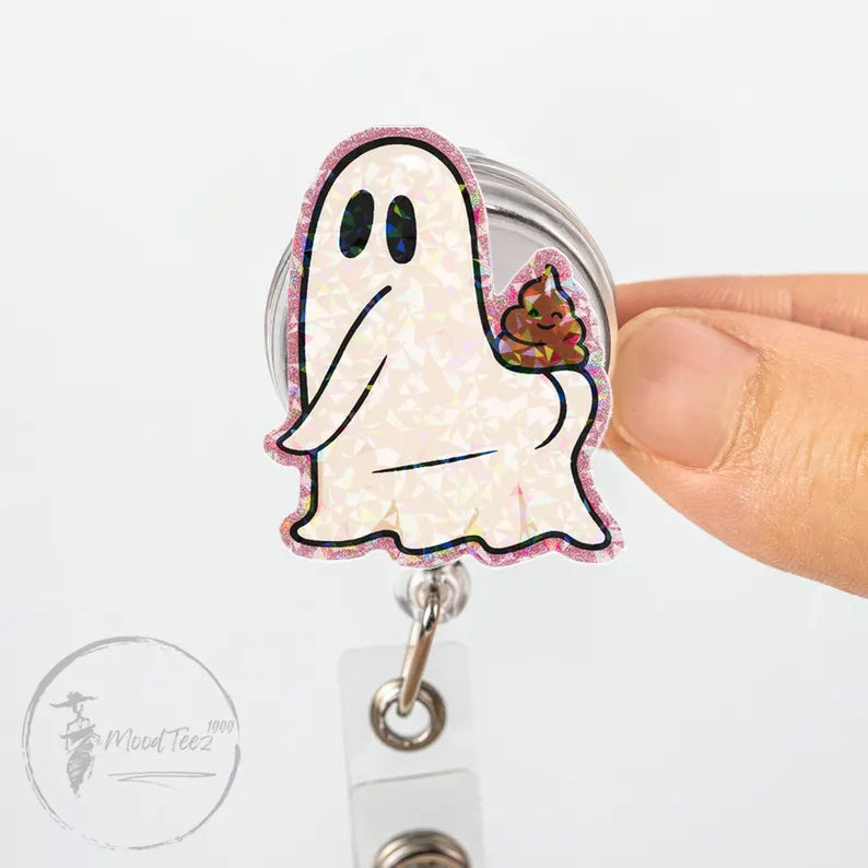 Funny Ghost Poop Badge Reel, Holographic ID Holder for Nurses & Teachers, Cute Halloween Badge Clip, Spooky Humorous Gift Idea