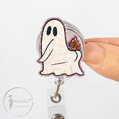 Funny Ghost Poop Badge Reel, Holographic ID Holder for Nurses & Teachers, Cute Halloween Badge Clip, Spooky Humorous Gift Idea
