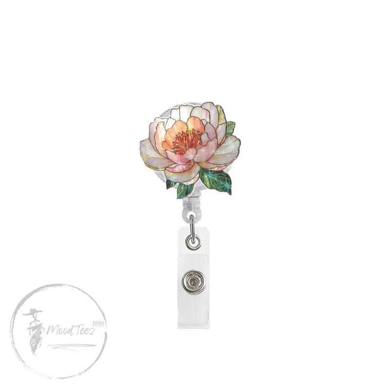 Peony Flower Badge Reel, Glitter Floral Retractable ID Holder, Cute Nurse or Teacher Gift, Elegant Office Accessory for Women