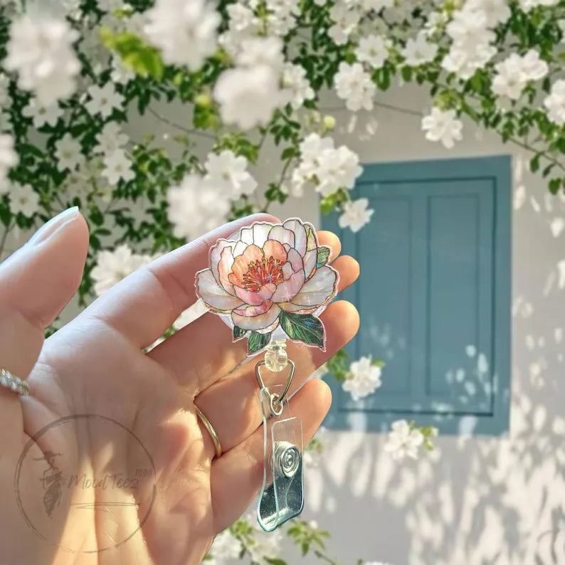 Peony Flower Badge Reel, Glitter Floral Retractable ID Holder, Cute Nurse or Teacher Gift, Elegant Office Accessory for Women