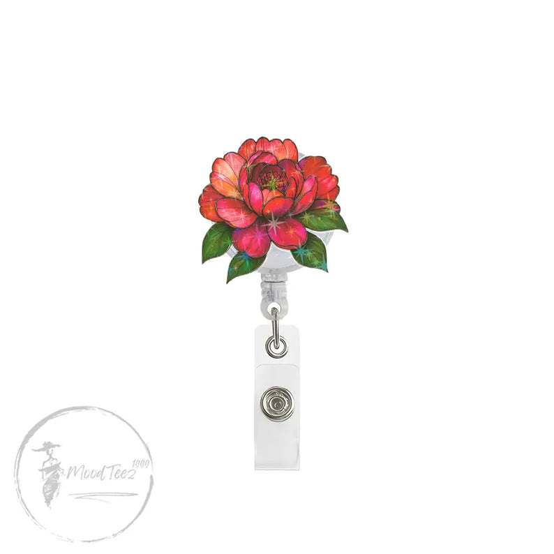 Red Peony Flower Badge Reel, Sparkle Floral ID Holder for Nurse or Teacher, Elegant Retractable Clip, Feminine Office Gift Idea