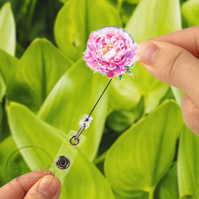 Pink Peony Badge Reel, Floral Retractable ID Holder, Elegant Name Tag Clip for Nurses, Teachers, Office Gift, Spring Botanical Charm