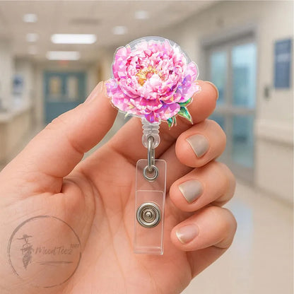 Pink Peony Badge Reel, Floral Retractable ID Holder, Elegant Name Tag Clip for Nurses, Teachers, Office Gift, Spring Botanical Charm