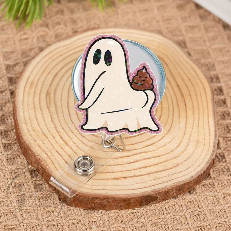 Funny Ghost Poop Badge Reel, Holographic ID Holder for Nurses & Teachers, Cute Halloween Badge Clip, Spooky Humorous Gift Idea
