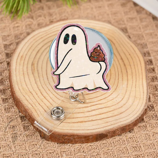 Funny Ghost Poop Badge Reel, Holographic ID Holder for Nurses & Teachers, Cute Halloween Badge Clip, Spooky Humorous Gift Idea