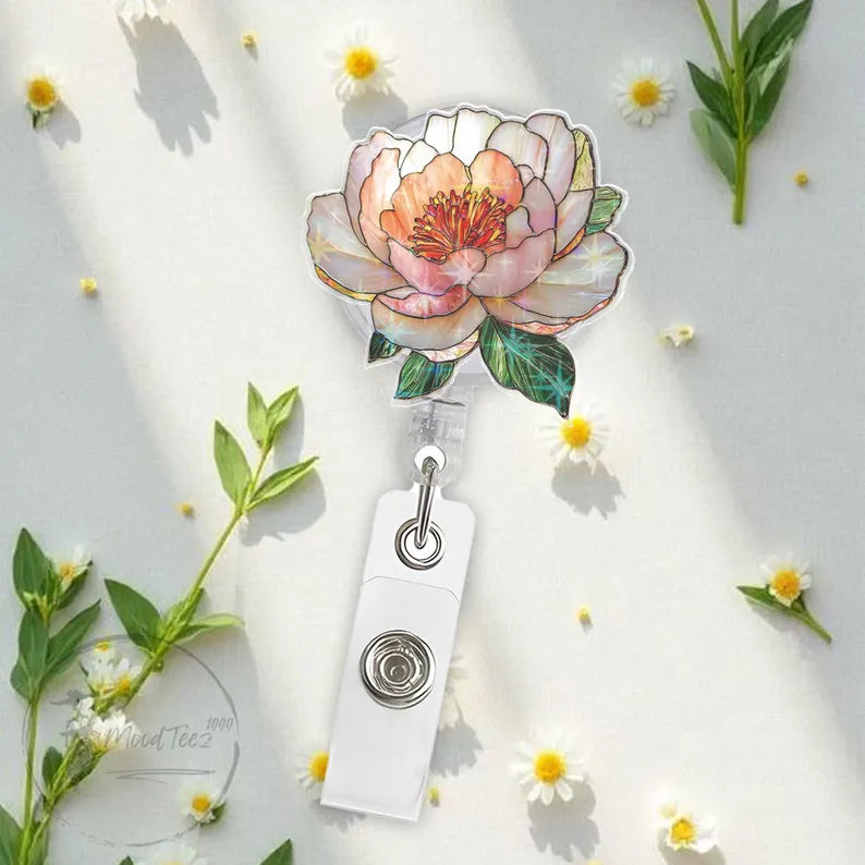 Peony Flower Badge Reel, Glitter Floral Retractable ID Holder, Cute Nurse or Teacher Gift, Elegant Office Accessory for Women