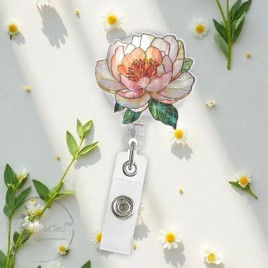 Peony Flower Badge Reel, Glitter Floral Retractable ID Holder, Cute Nurse or Teacher Gift, Elegant Office Accessory for Women