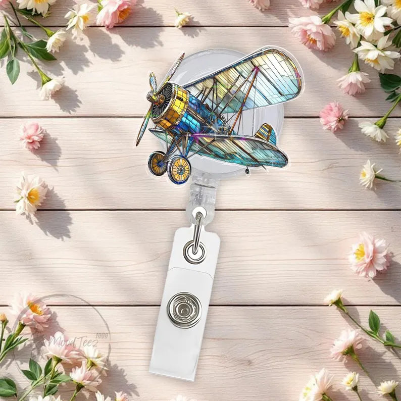 Vintage Airplane Badge Reel, Pilot Retractable ID Clip, Aviation Name Tag Holder, Travel Badge Reel for Nurse or Flight Crew