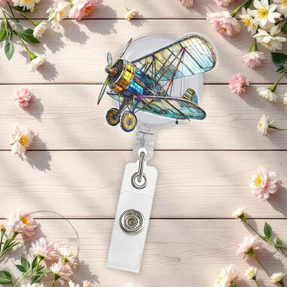 Vintage Airplane Badge Reel, Pilot Retractable ID Clip, Aviation Name Tag Holder, Travel Badge Reel for Nurse or Flight Crew
