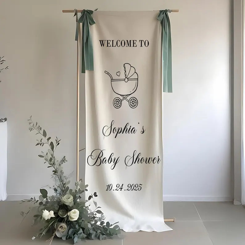Custom Baby Shower Sign, Personalized Baby Shower Banner with Name and Date, Neutral Baby Shower Decor, Elegant Party Backdrop Sign