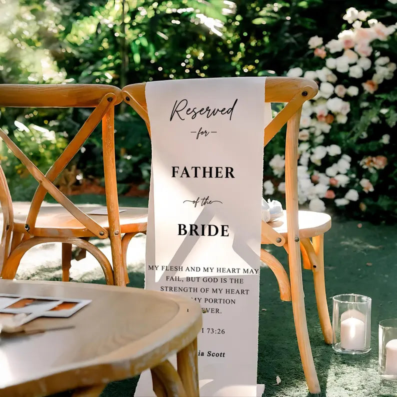 Personalized Wedding Ceremony Decor, Father of the Bride Chair Sign, Wedding Memorial Chair Banner with Bible Verse, Reserved Seat Tribute,