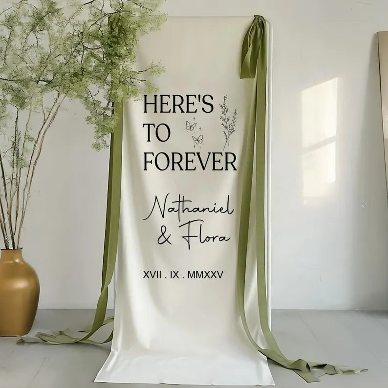 Personalized Wedding Fabric Sign, Here To Forever Wedding Banner Sign, Wedding Chair Banner Here To Forever , Custom Memorial Wedding Sign