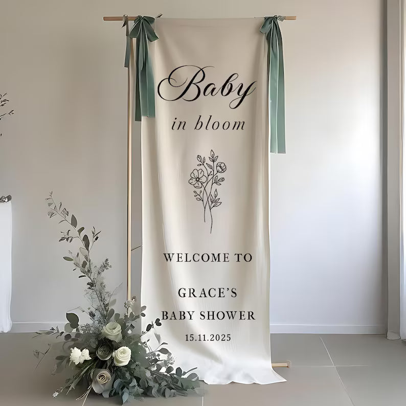 Personalized Fabric Baby Shower Sign, Baby in Bloom Welcome Sign, Custom Baby Shower Sign, Welcome Sign for Baby Shower, Baby Shower Decor