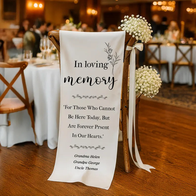 Custom Loving Memory Wedding Sign, In Memory of Loved Ones, White Linen Memorial Chair Banner, Wedding Aisle Sign,Remembrance Ceremony Decor