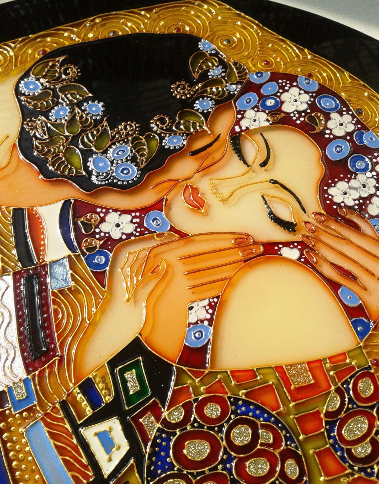 Wedding gift Large Wall clock or Stained glass round panel The Kiss Gustav Klimt Unique gift