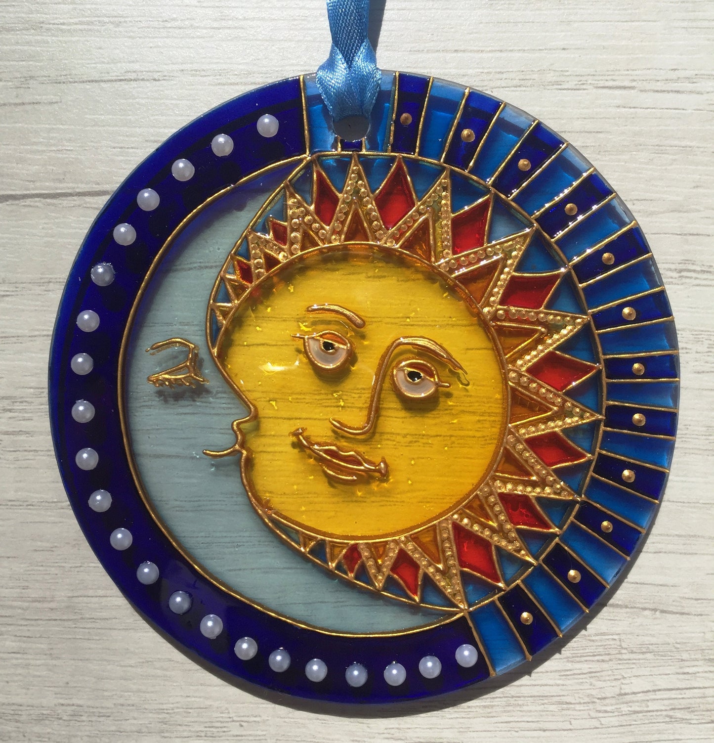 Suncatcher for window Sun Moon Celestial Stained Glass Painting Hanging Sun Catcher