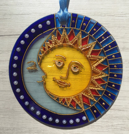 Suncatcher for window Sun Moon Celestial Stained Glass Painting Hanging Sun Catcher
