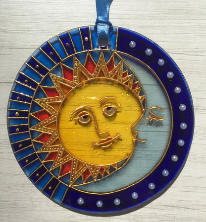 Suncatcher for window Sun Moon Celestial Stained Glass Painting Hanging Sun Catcher