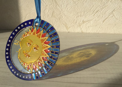 Suncatcher for window Sun Moon Celestial Stained Glass Painting Hanging Sun Catcher