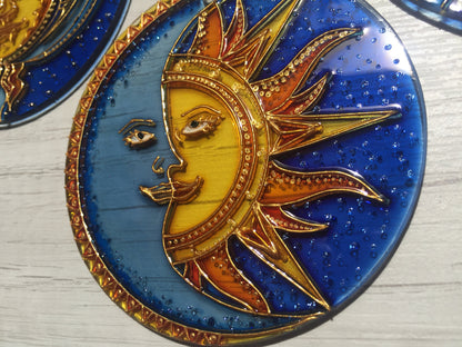 Blue cobalt Window Suncatcher Celestial Sun Moon decor Hanging Suncatcher Housewarming gift