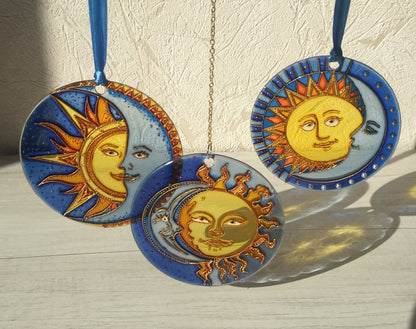 Suncatcher for window Sun Moon Celestial Stained Glass Painting Hanging Sun Catcher
