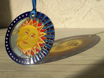 Suncatcher for window Sun Moon Celestial Stained Glass Painting Hanging Sun Catcher