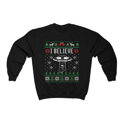 I Believe Ufo Ugly Christmas Sweatshirt, Alien Believer Gift, Alien Abduction Graphic Shirt, Space Lover Xmas Gift Unisex Heavy Blend Cre