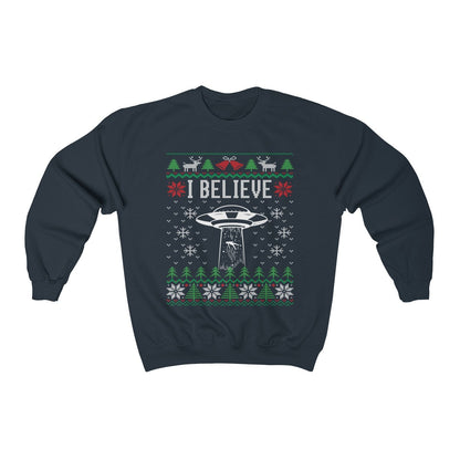 I Believe Ufo Ugly Christmas Sweatshirt, Alien Believer Gift, Alien Abduction Graphic Shirt, Space Lover Xmas Gift Unisex Heavy Blend Cre
