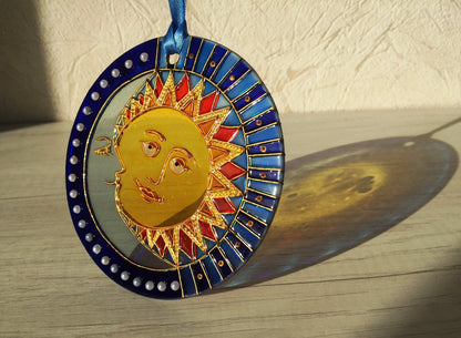 Suncatcher for window Sun Moon Celestial Stained Glass Painting Hanging Sun Catcher