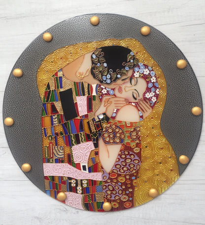 Wedding gift Large Wall clock or Stained glass round panel The Kiss Gustav Klimt Unique gift