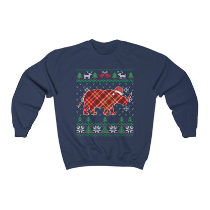 Rhino Santa Claus Ugly Christmas Sweatshirt, Plaid Rhinoceros Shirt, African Rhino Lover Gift Unisex Sweatshirt