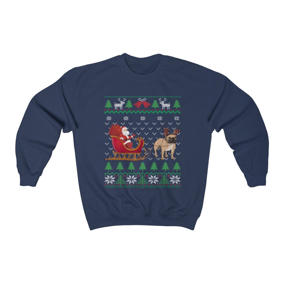 Frenchie Pulling Santa's Sleigh | Funny French Bull Dog Themed Ugly Christmas Sweatshirt | French Bulldog Lover Gift | Frenchie Owner Shirt