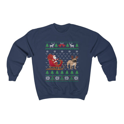Frenchie Pulling Santa's Sleigh | Funny French Bull Dog Themed Ugly Christmas Sweatshirt | French Bulldog Lover Gift | Frenchie Owner Shirt
