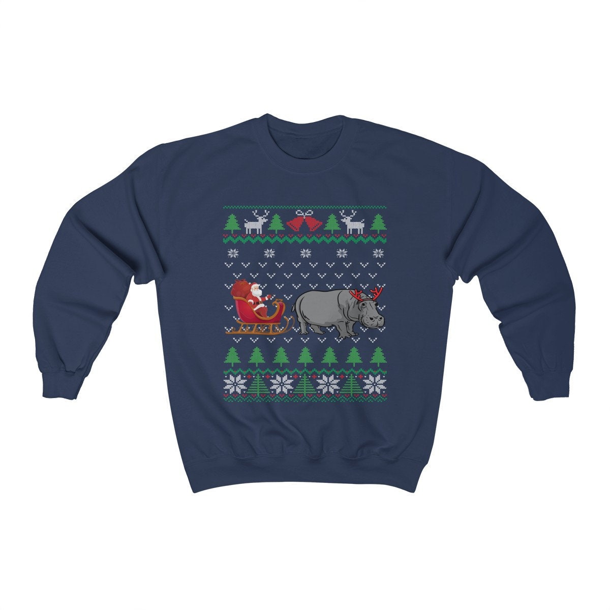 Hippo Pulling Santa's Sleigh | Funny Hippopotamus Themed Ugly Christmas Sweatshirt | African Hippo Lover Gift Shirt