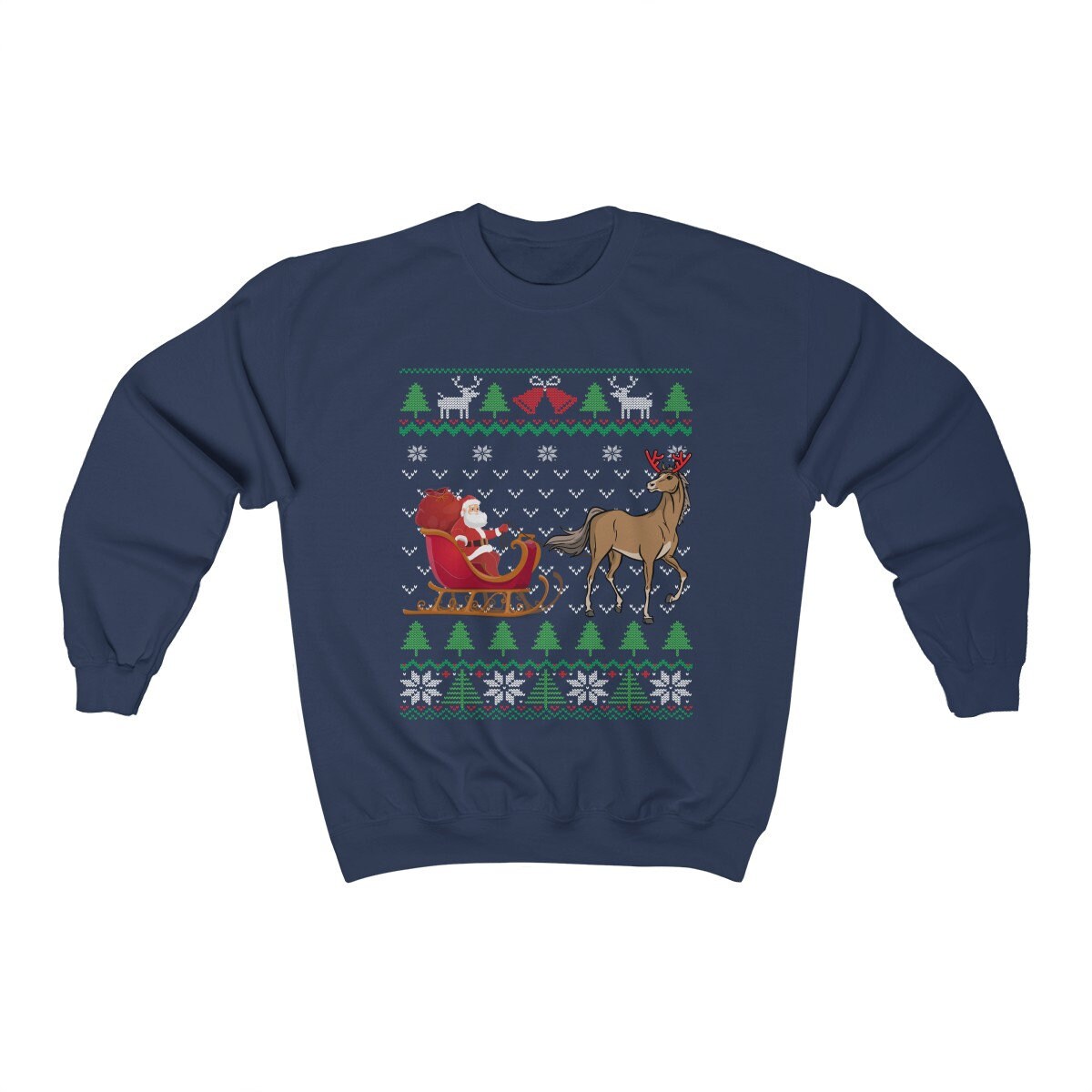 Horse Pulling Santa's Sleigh | Funny Equestrian Themed Ugly Christmas Sweatshirt | Horse Lover & Owner Jockey Gift | Horseback Riding Shirt