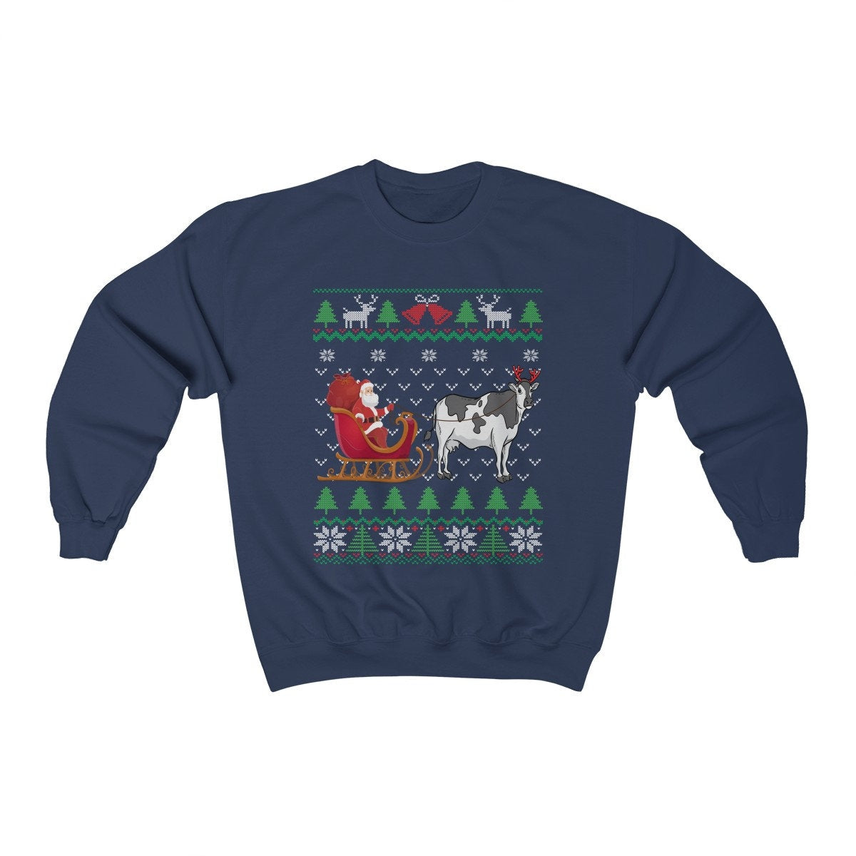 Milk Cow Pulling Santa's Sleigh | Funny Cow Themed Ugly Christmas Sweatshirt | Cow Lover Gift | Christmas Dairy Farmer Shirt | Cow Owner
