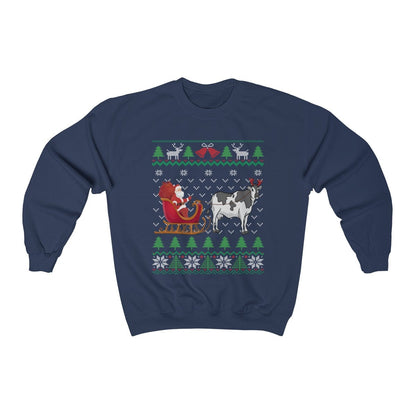 Milk Cow Pulling Santa's Sleigh | Funny Cow Themed Ugly Christmas Sweatshirt | Cow Lover Gift | Christmas Dairy Farmer Shirt | Cow Owner