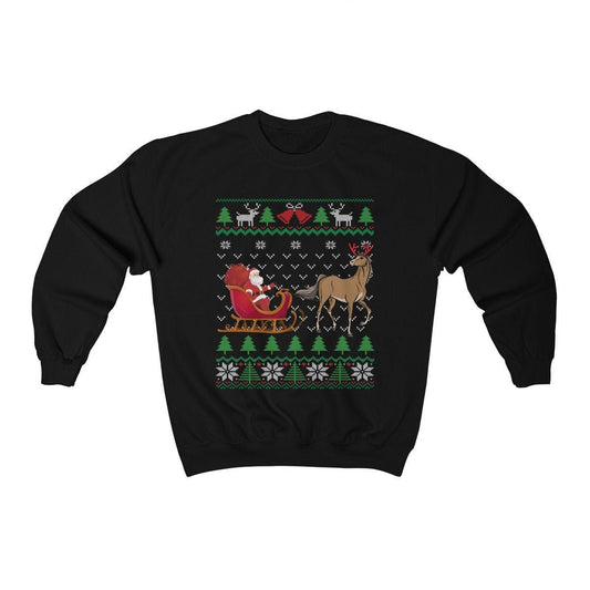 Horse Pulling Santa's Sleigh | Funny Equestrian Themed Ugly Christmas Sweatshirt | Horse Lover & Owner Jockey Gift | Horseback Riding Shirt