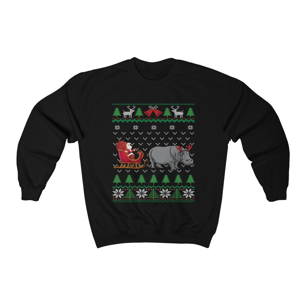 Hippo Pulling Santa's Sleigh | Funny Hippopotamus Themed Ugly Christmas Sweatshirt | African Hippo Lover Gift Shirt