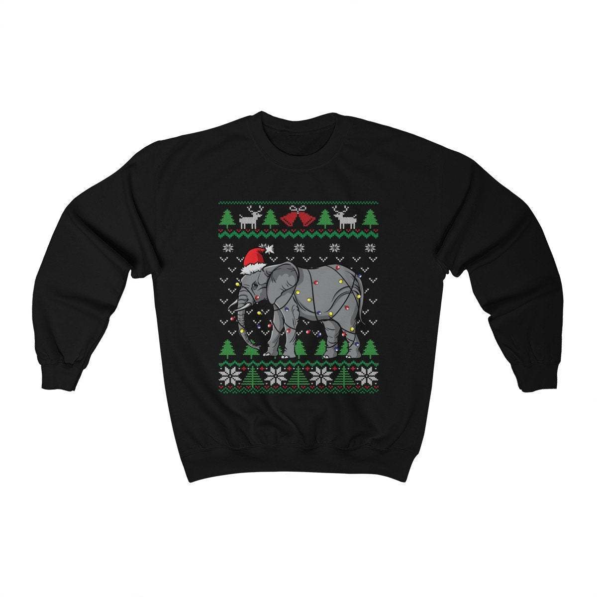 Cute Elephant Ugly Christmas Sweatshirt, Elephant Santa Hat Wrapped in Christmas Lights, Funny African Wildlife Elephant Lover Gift Shirt