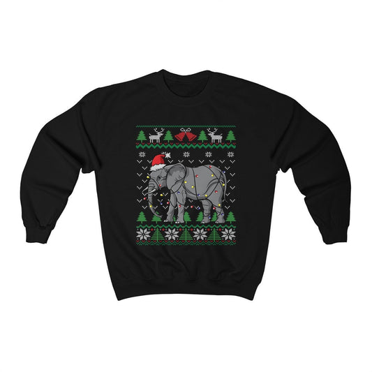 Cute Elephant Ugly Christmas Sweatshirt, Elephant Santa Hat Wrapped in Christmas Lights, Funny African Wildlife Elephant Lover Gift Shirt