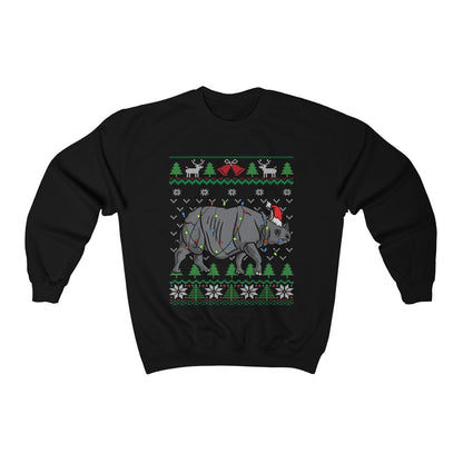 Rhino Themed Ugly Christmas Sweatshirt, Rhino Santa Hat Wrapped in Christmas Lights, Rhinoceros Shirt, Funny African Wildlife Lover Gift