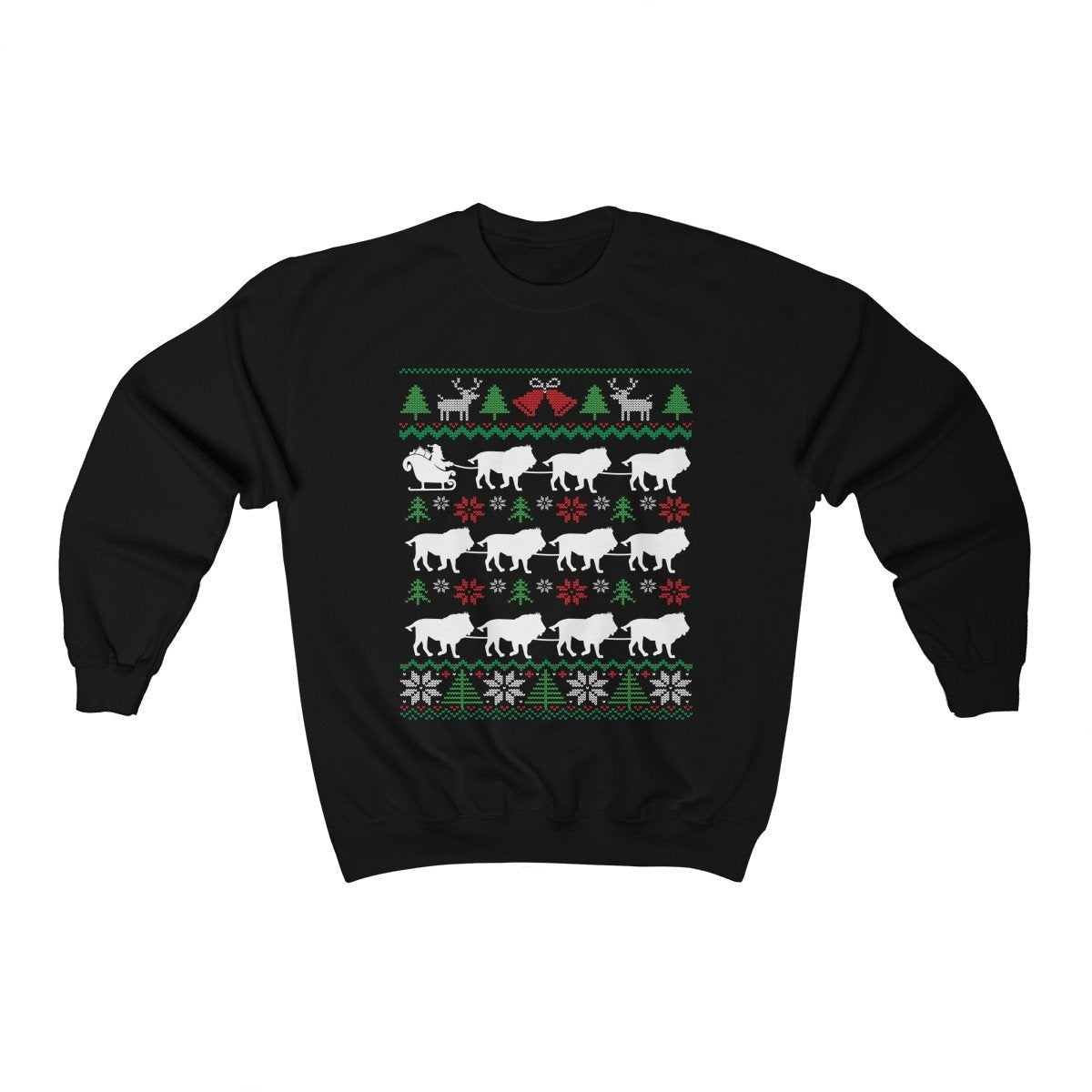 Lions Pulling Santa Sleigh | Funny Lion Themed Ugly Christmas Sweatshirt | African Wildlife Big Cat Lover Gift | Christmas Lion Shirt