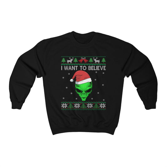 Alien Santa Ugly Christmas Sweatshirt | I Want To Believe | Funny UFO Believer Gift | Alien Head Shirt | Extraterrestrial UFO Conspiracy