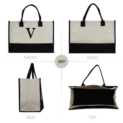 Personalized Monogram Embroidery Cotton Canvas Beach Tote Bag Initial Tote Bridesmaid Gift Tote Custom Beach Bag Gift for Her A-Z - Black
