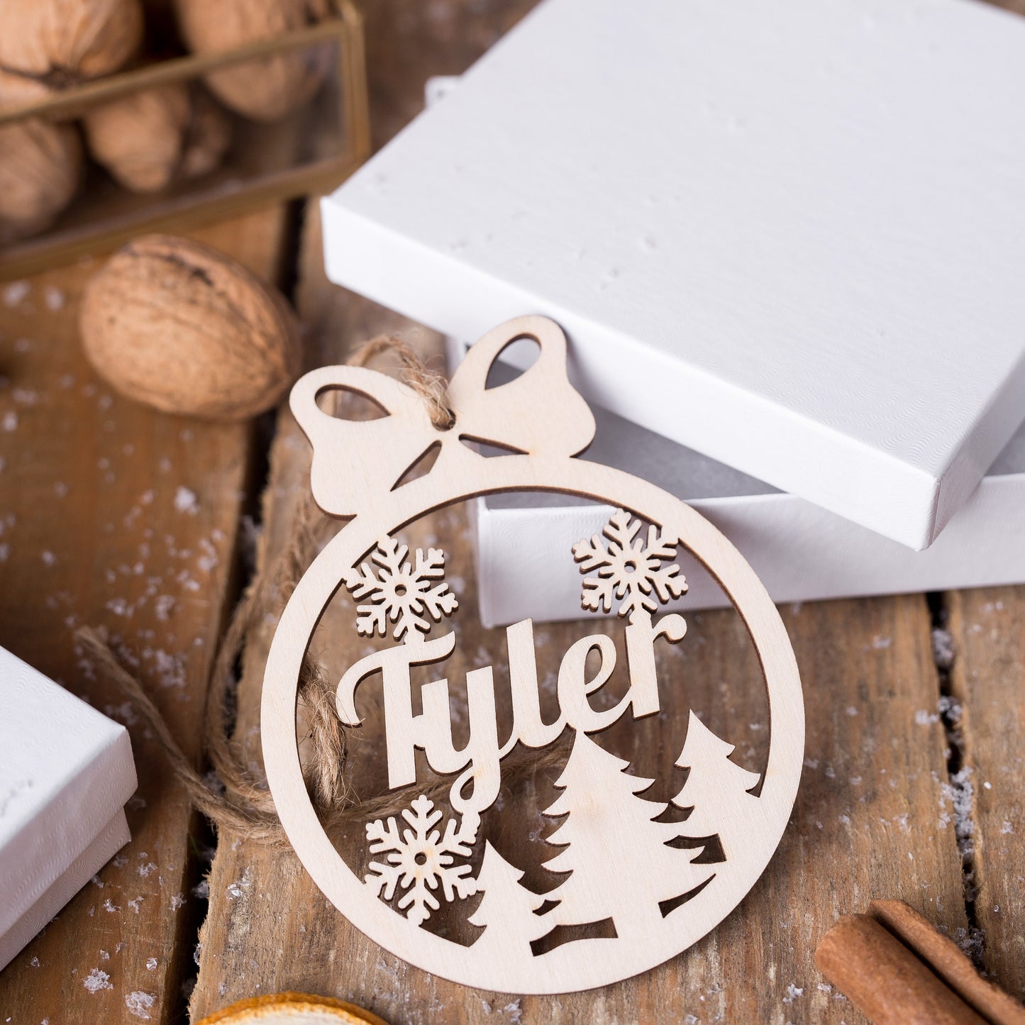 Christmas Ornament for Holiday Decor: Wooden Personalized Ornament , Snowflake Name Sign