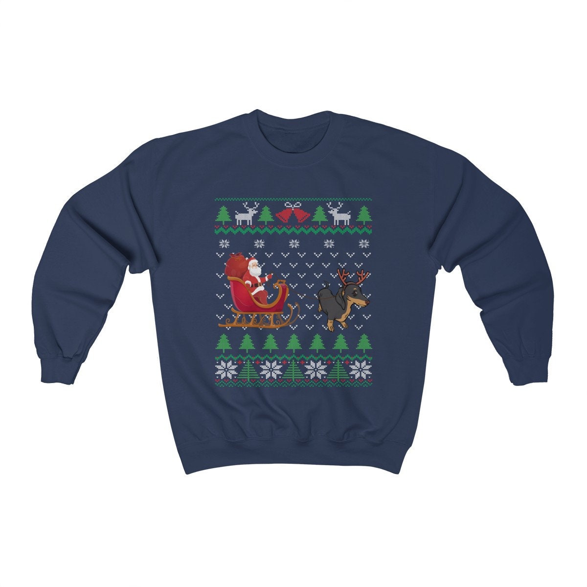 Dachshund Pulling Santa's Sleigh | Funny Wiener Dog Themed Ugly Christmas Sweatshirt | French Dachshund Lover Gift | Dachshund Owner Shirt
